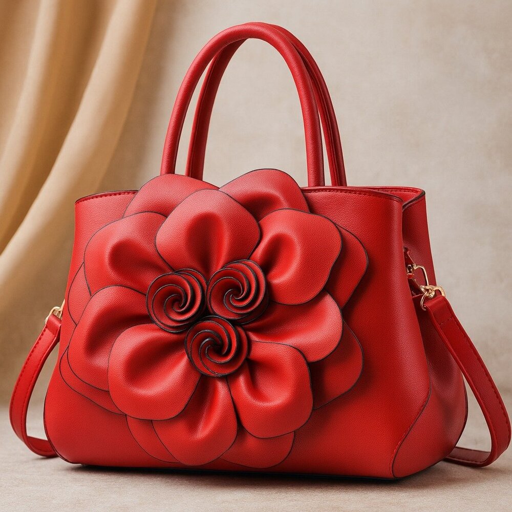 Red Rose Floral Satchel Handbag – Statement Bag with Flower Design & Strap